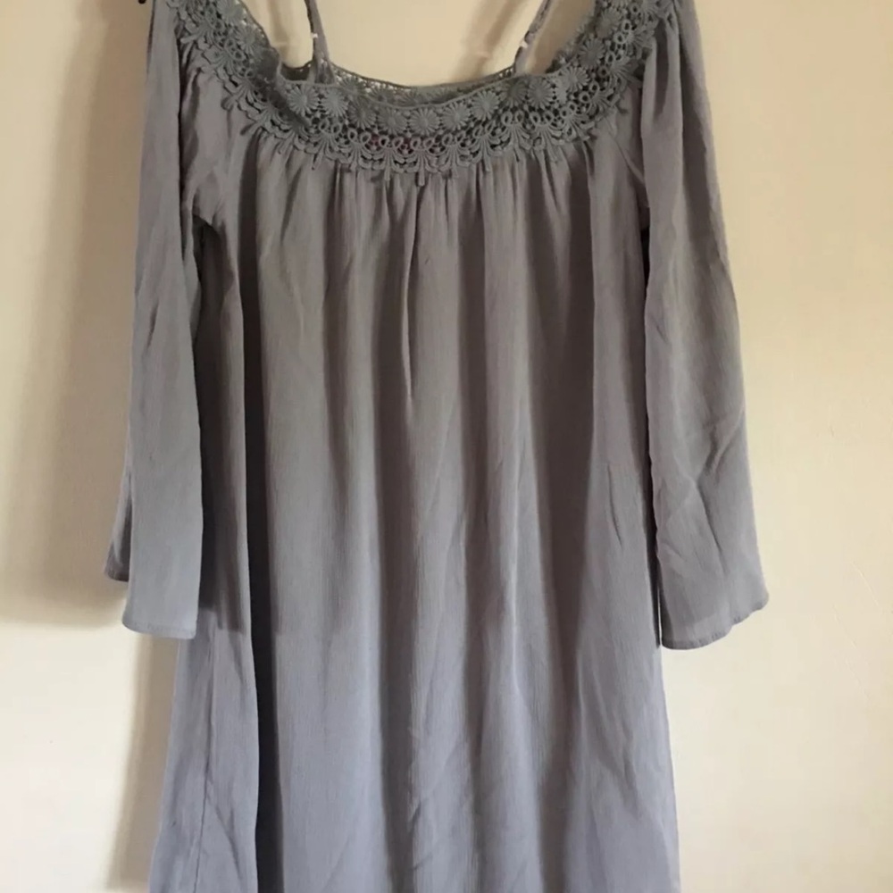 Almost Pink Boutique Off the Shoulder Lace Trim Dress Size Small Dusty Blue